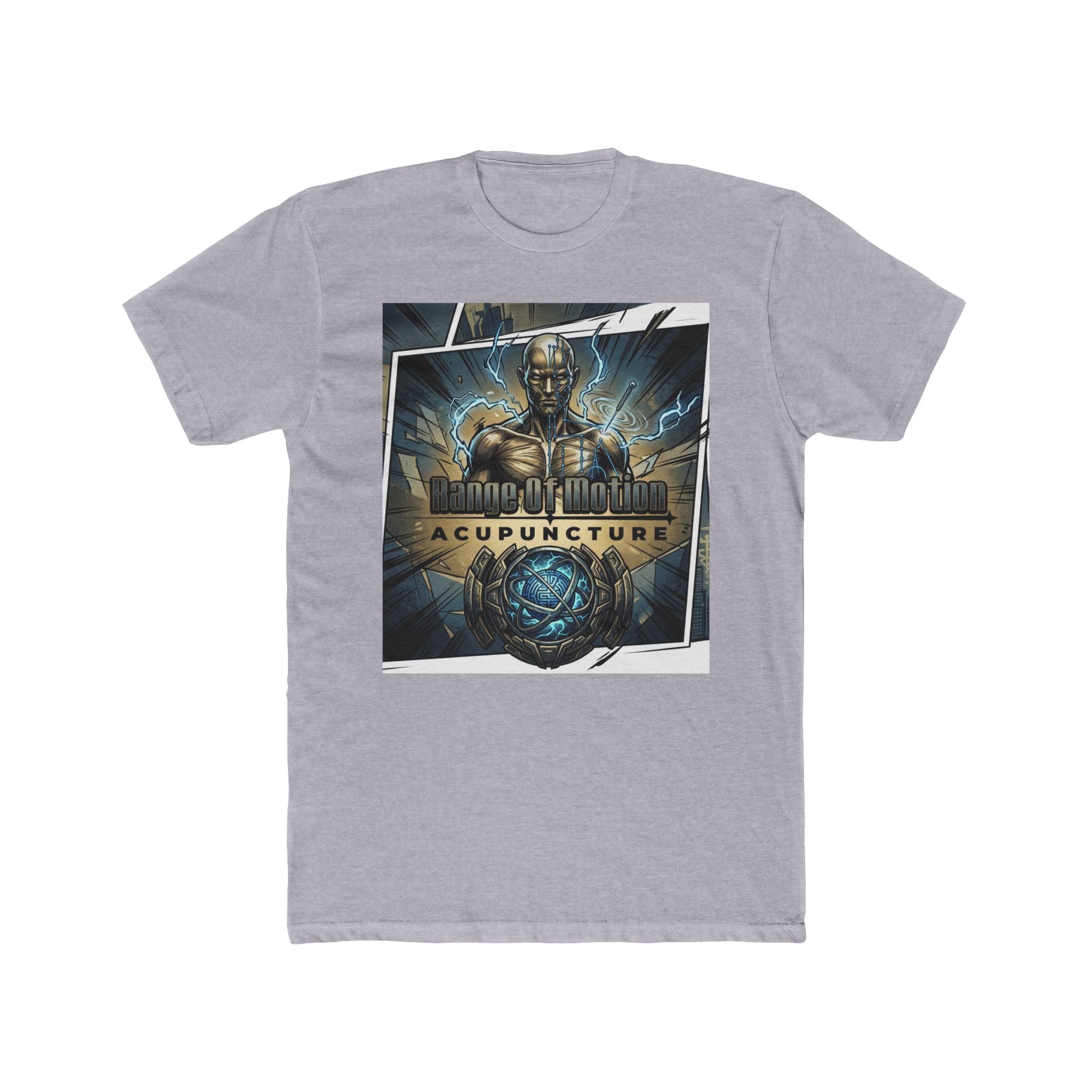 Range of Motion Acupuncture Superhero Tee — Graphic Novel Logo Crew Shirt
