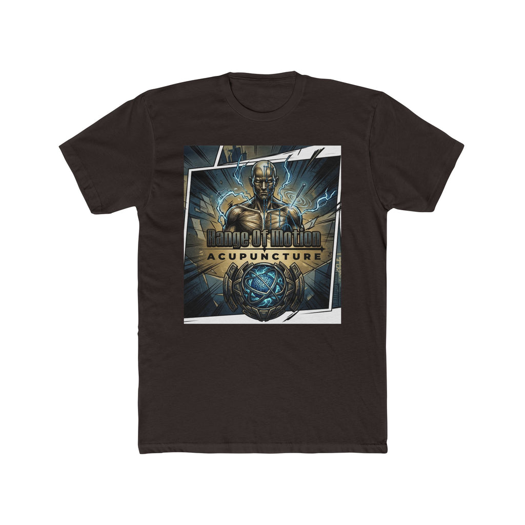Range of Motion Acupuncture Superhero Tee — Graphic Novel Logo Crew Shirt
