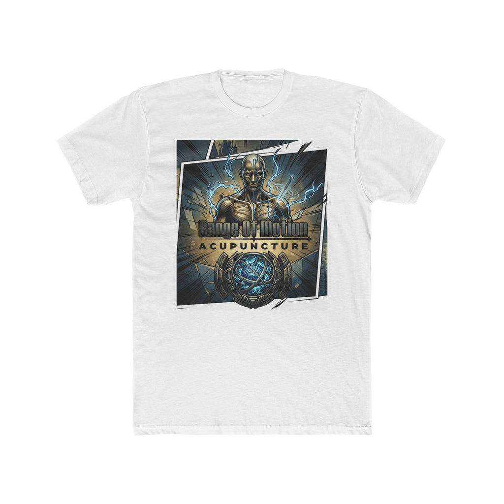 Range of Motion Acupuncture Superhero Tee — Graphic Novel Logo Crew Shirt