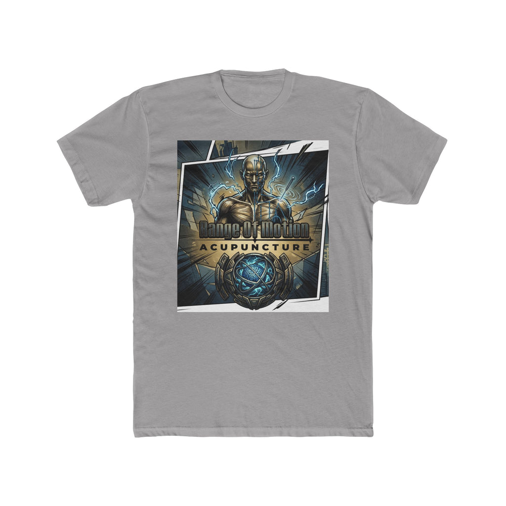 Range of Motion Acupuncture Superhero Tee — Graphic Novel Logo Crew Shirt
