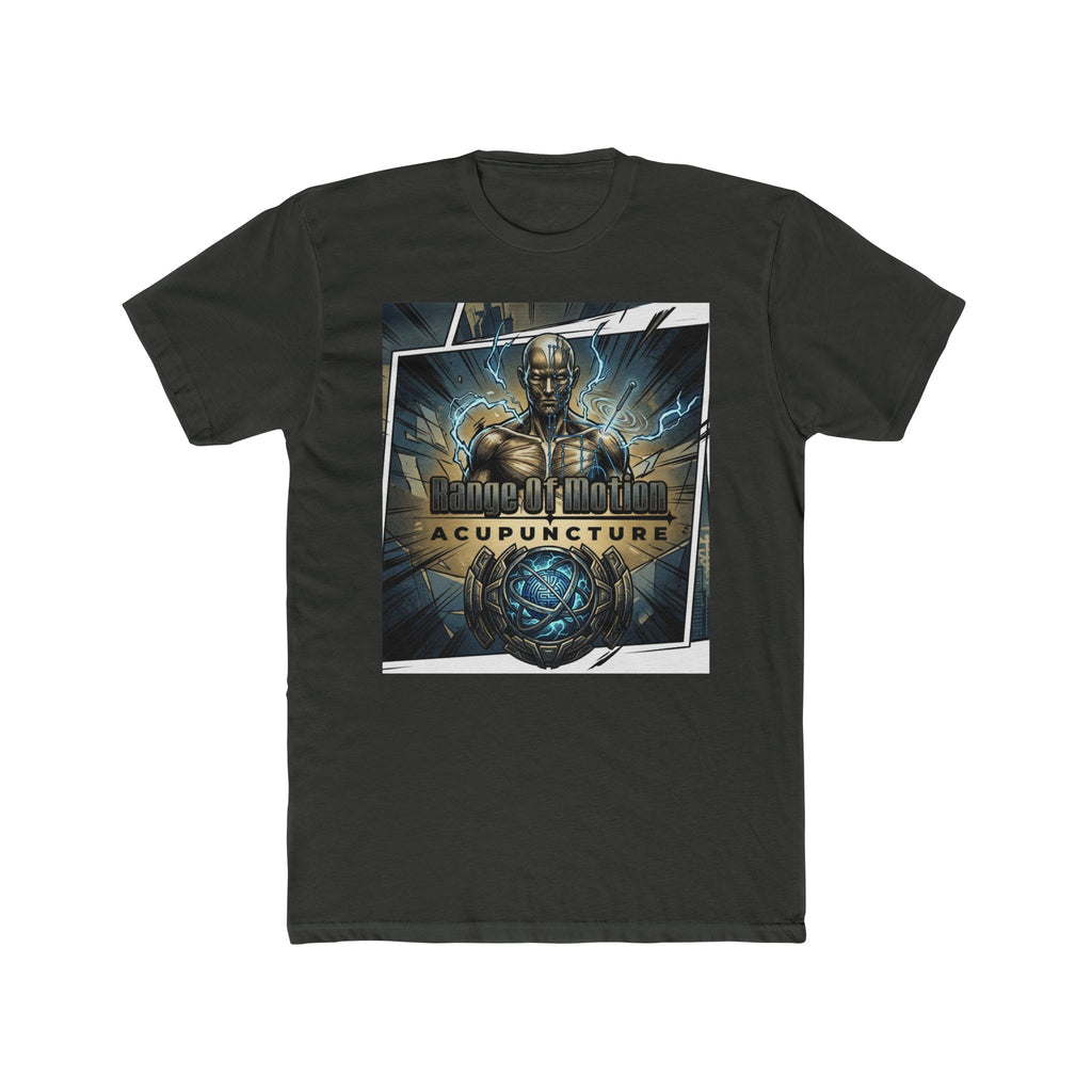 Range of Motion Acupuncture Superhero Tee — Graphic Novel Logo Crew Shirt