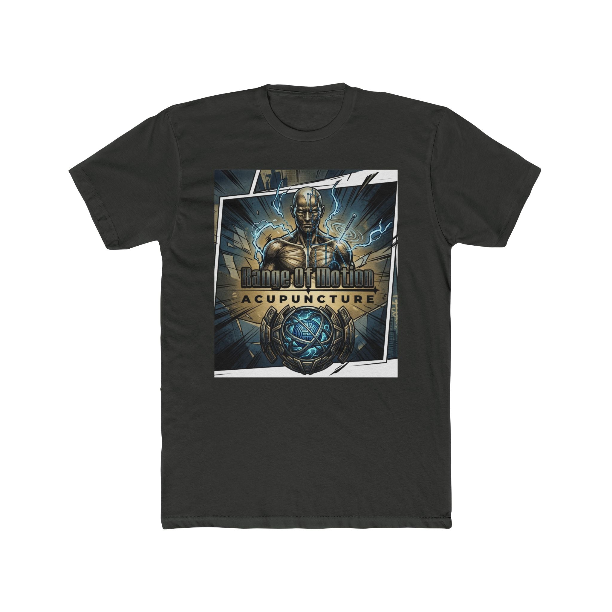 Range of Motion Acupuncture Superhero Tee — Graphic Novel Logo Crew Shirt