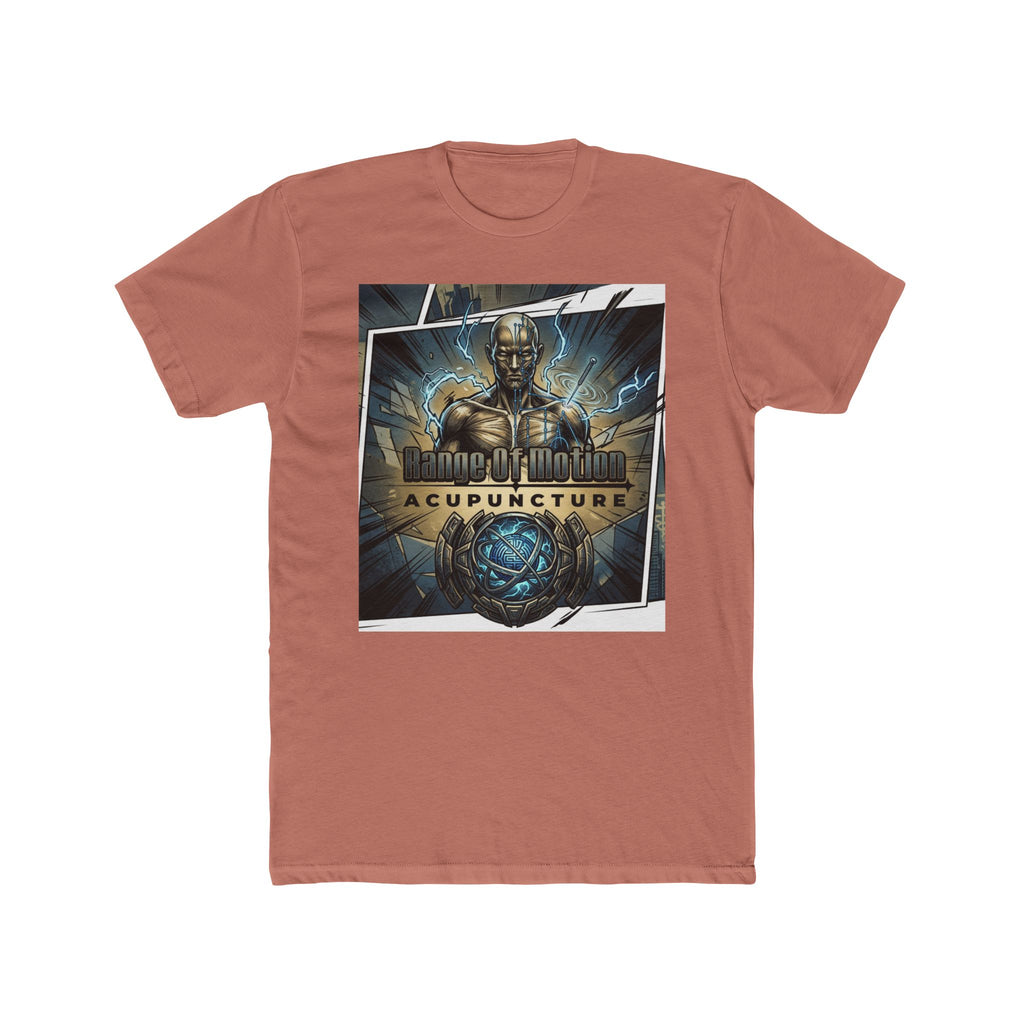 Range of Motion Acupuncture Superhero Tee — Graphic Novel Logo Crew Shirt