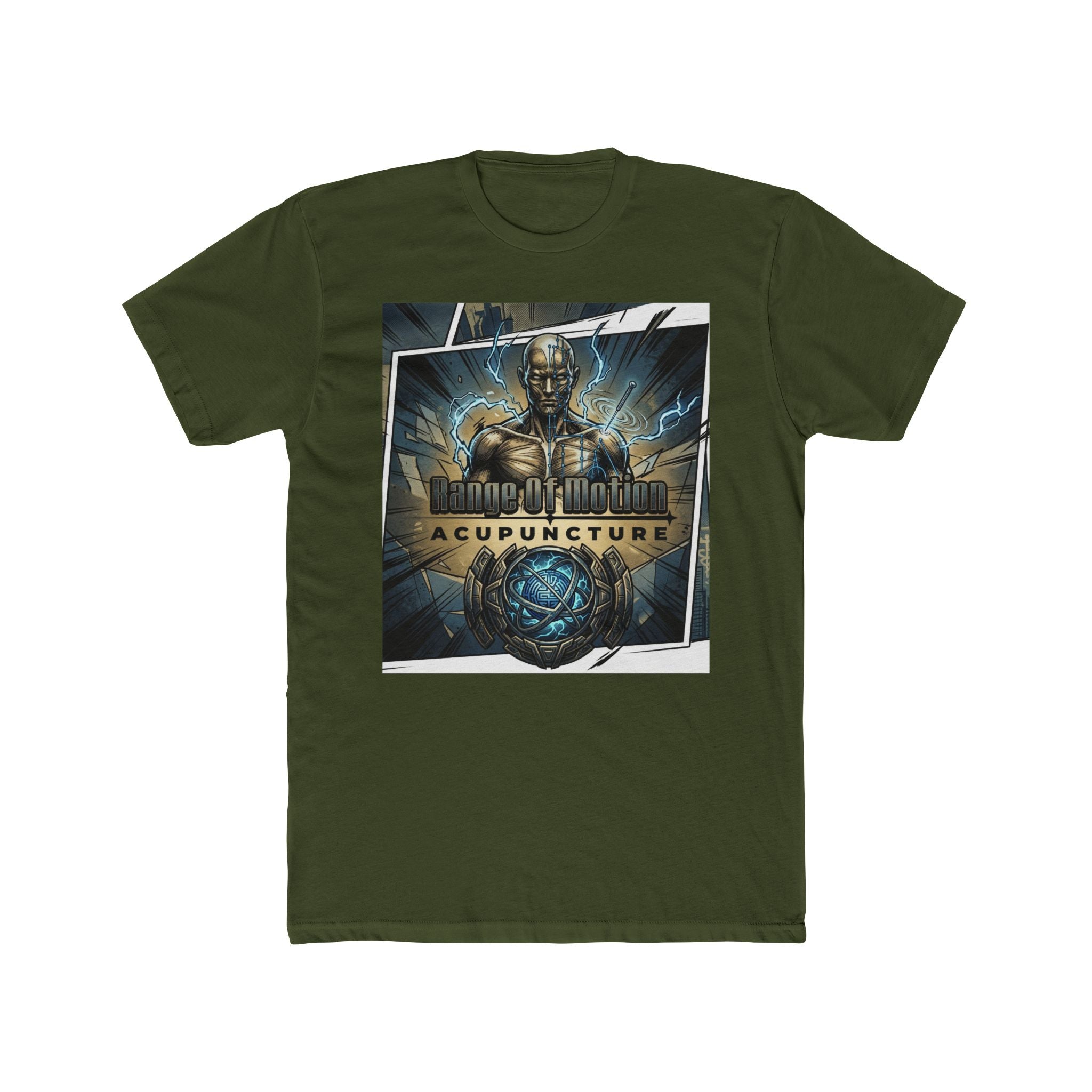 Range of Motion Acupuncture Superhero Tee — Graphic Novel Logo Crew Shirt