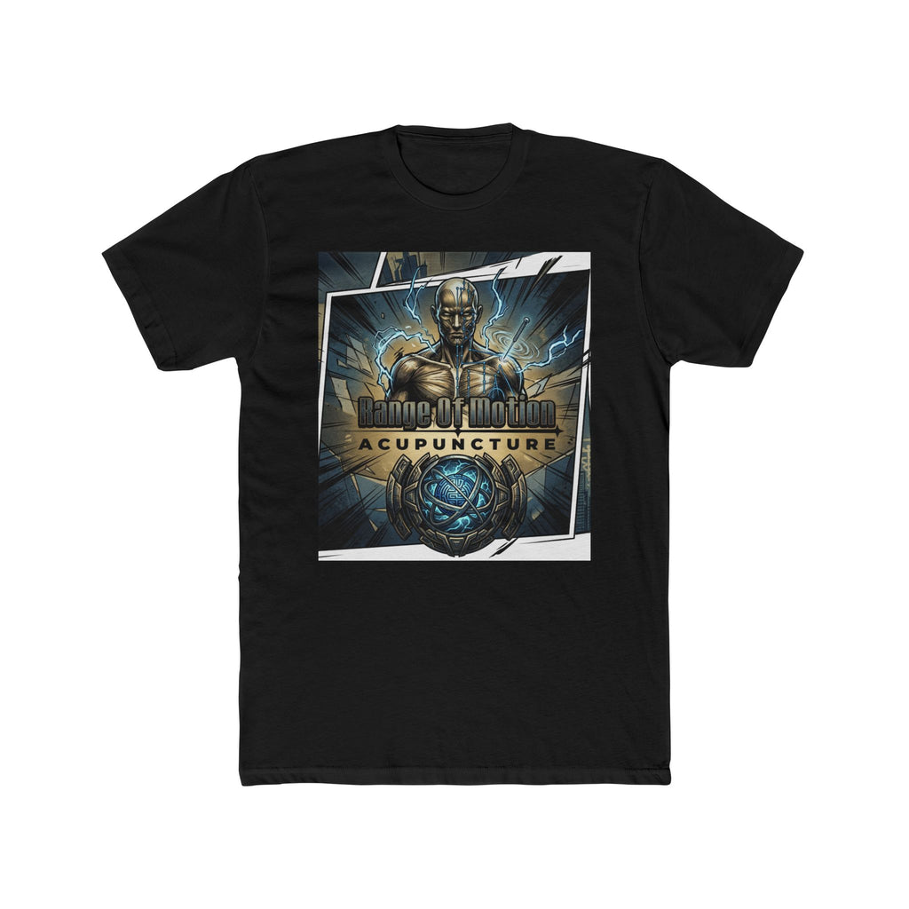 Range of Motion Acupuncture Superhero Tee — Graphic Novel Logo Crew Shirt